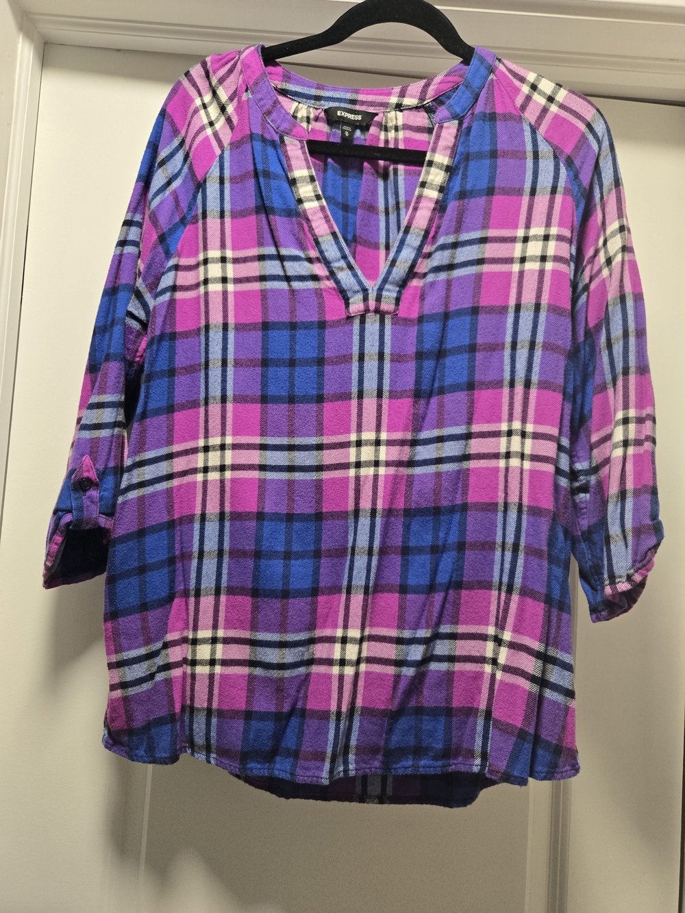Express Plaid Split-Neck Tunic in Pink and Blue